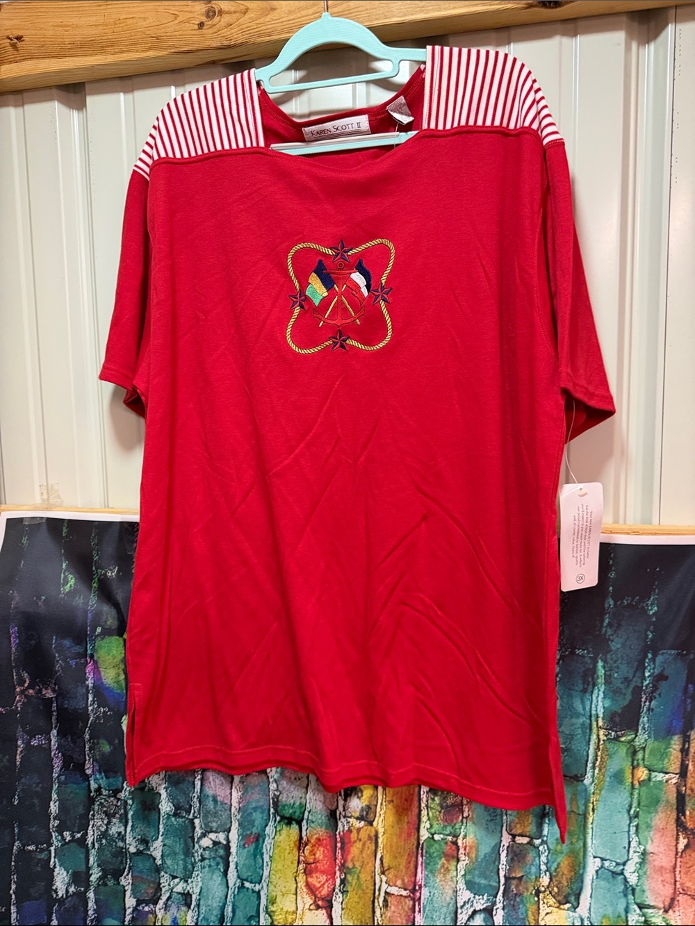 Karen Scott Red Short-Sleeve Embroidered Tunic Tee